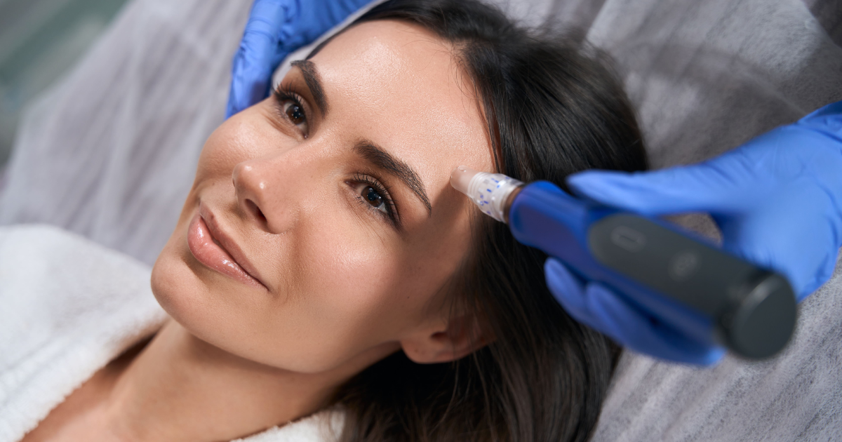 Microneedling treatment on woman's forehead at a clinic in Manchester, NH